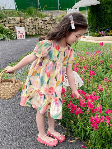 Young Girl Cute Vacation Floral Print Puff Sleeve Ruffle Hem Smock Dress For Summer