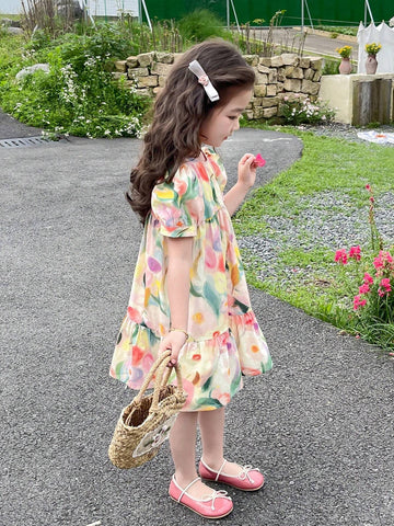 Young Girl Cute Vacation Floral Print Puff Sleeve Ruffle Hem Smock Dress For Summer