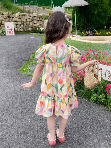Young Girl Cute Vacation Floral Print Puff Sleeve Ruffle Hem Smock Dress For Summer