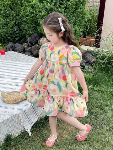 Young Girl Cute Vacation Floral Print Puff Sleeve Ruffle Hem Smock Dress For Summer