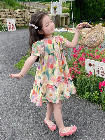 Young Girl Cute Vacation Floral Print Puff Sleeve Ruffle Hem Smock Dress For Summer