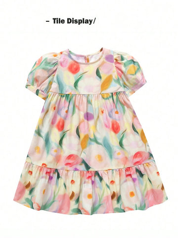 Young Girl Cute Vacation Floral Print Puff Sleeve Ruffle Hem Smock Dress For Summer