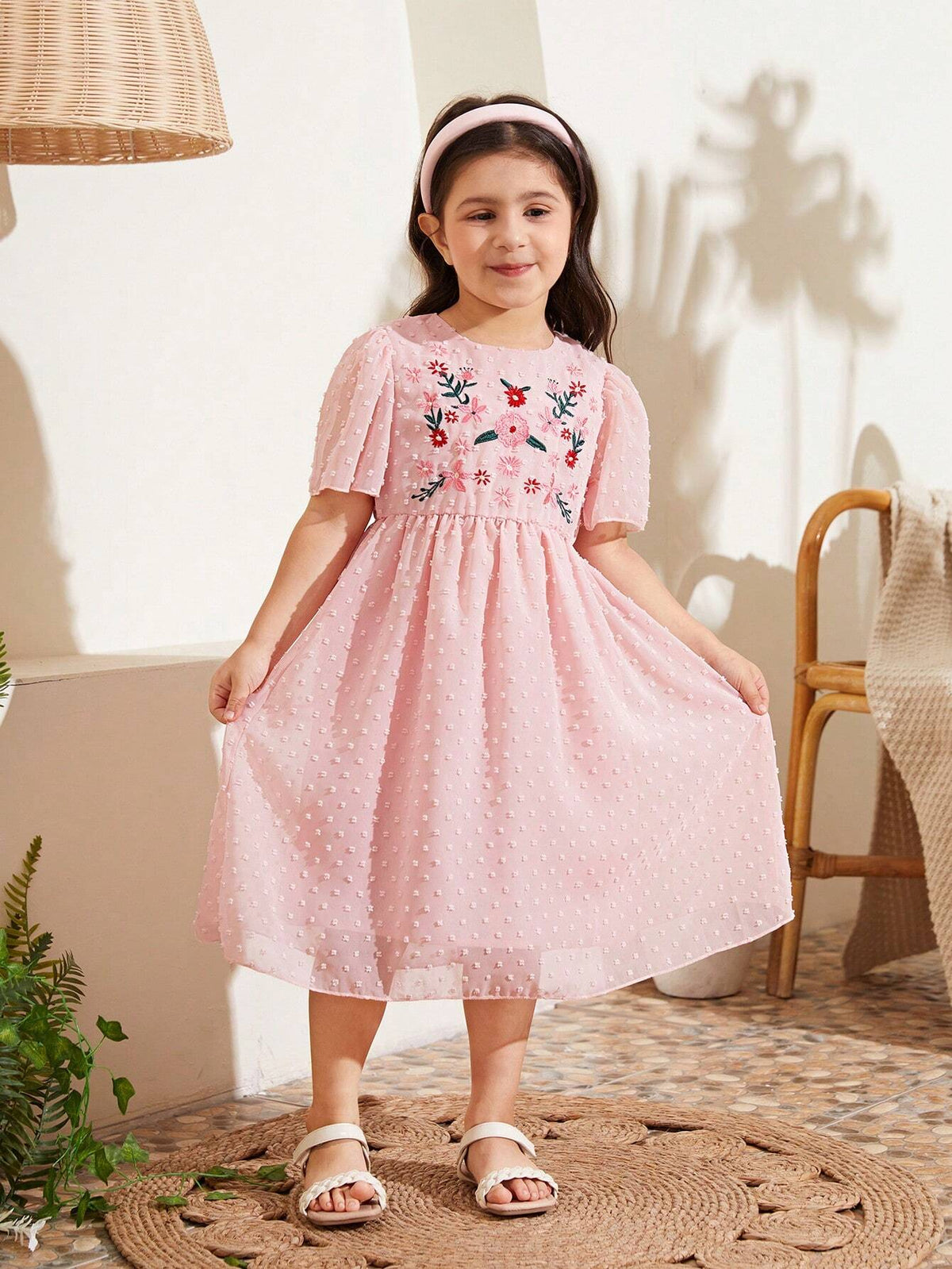 Young Girl Cute Vacation Gorgeous Elegant Embroidered Floral Maxi Dress In Countryside Style