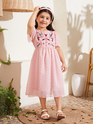 Young Girl Cute Vacation Gorgeous Elegant Embroidered Floral Maxi Dress In Countryside Style