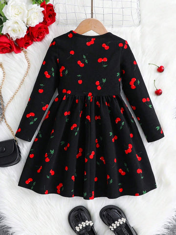 Young Girl Cute Vintage Casual 1pc Cherry  Full-Print Pattern Knitted Dress,Autumn And Winter