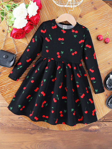 Young Girl Cute Vintage Casual 1pc Cherry  Full-Print Pattern Knitted Dress,Autumn And Winter