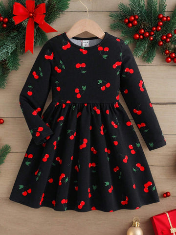 Young Girl Cute Vintage Casual 1pc Cherry  Full-Print Pattern Knitted Dress,Autumn And Winter