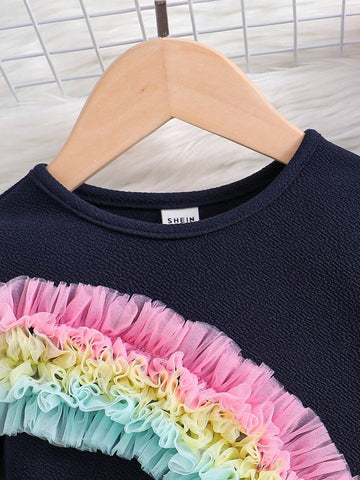 Young Girl Cute Vintage Casual 1pc Rainbow Striped Mesh Trim Long Sleves Round Neck A-Line Dress, Fashionable, Great For Casual & Daily Wear & School Daily