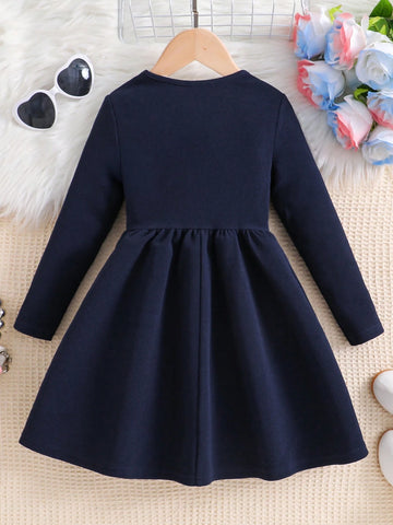 Young Girl Cute Vintage Casual 1pc Rainbow Striped Mesh Trim Long Sleves Round Neck A-Line Dress, Fashionable, Great For Casual & Daily Wear & School Daily