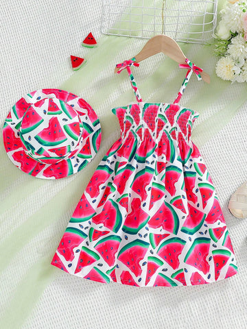 Young Girl Cute Watermelon Pattern Dress With Hat, Summer Fashion Korean Style