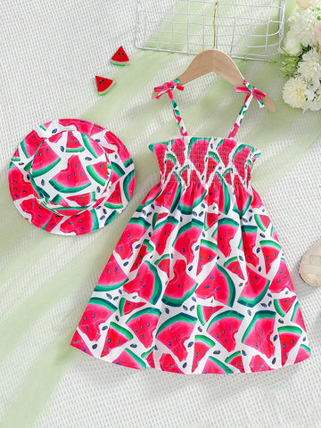 Young Girl Cute Watermelon Pattern Dress With Hat, Summer Fashion Korean Style