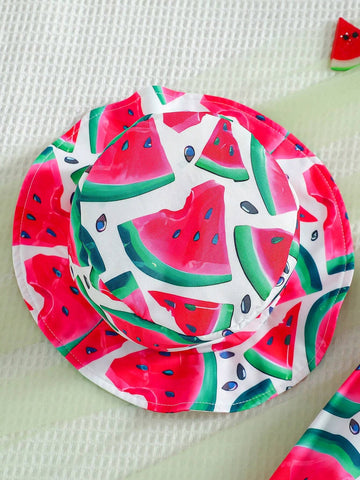 Young Girl Cute Watermelon Pattern Dress With Hat, Summer Fashion Korean Style