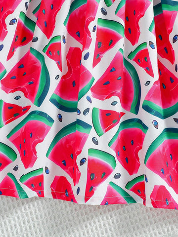 Young Girl Cute Watermelon Pattern Dress With Hat, Summer Fashion Korean Style