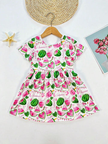 Young Girl Cute Watermelon Printed Short Sleeve Casual Dress For Spring/Summer