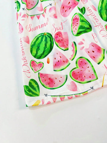 Young Girl Cute Watermelon Printed Short Sleeve Casual Dress For Spring/Summer