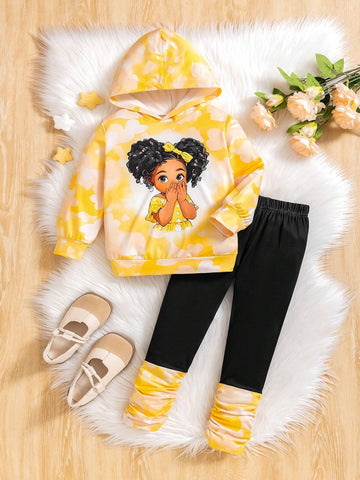 Young Girl' Cute Yellow Hooded Knit Sweater With Cartoon Print, Contrasted With Black Leggings. Comfortable And Fashionable For Everyday Wear. Suitable For Autumn/Winter