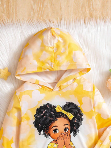 Young Girl' Cute Yellow Hooded Knit Sweater With Cartoon Print, Contrasted With Black Leggings. Comfortable And Fashionable For Everyday Wear. Suitable For Autumn/Winter