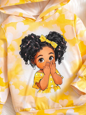 Young Girl' Cute Yellow Hooded Knit Sweater With Cartoon Print, Contrasted With Black Leggings. Comfortable And Fashionable For Everyday Wear. Suitable For Autumn/Winter