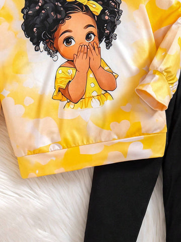 Young Girl' Cute Yellow Hooded Knit Sweater With Cartoon Print, Contrasted With Black Leggings. Comfortable And Fashionable For Everyday Wear. Suitable For Autumn/Winter