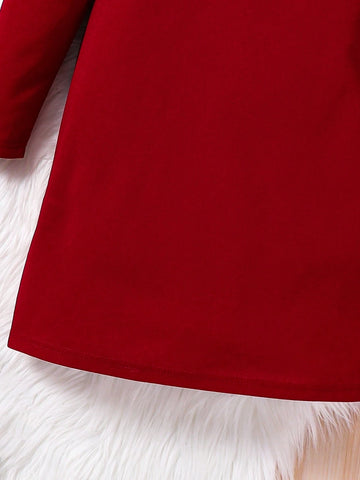 Young Girl Cute & Casual Simple Elegant Black Big Bow Frill Trim Neck Dress, Suitable For Autumn And Winter, Red For Christmas, Party Wear, Daily Wear School Daily, Birthday Dress, Princess Dress