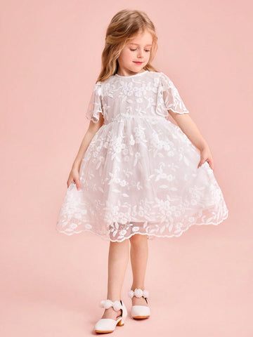 Young Girl Cute & Elegant White Embroidered Mesh Short Sleeve Summer Dress