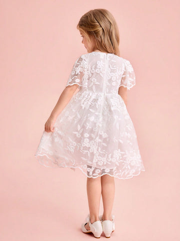 Young Girl Cute & Elegant White Embroidered Mesh Short Sleeve Summer Dress