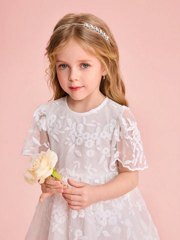 Young Girl Cute & Elegant White Embroidered Mesh Short Sleeve Summer Dress