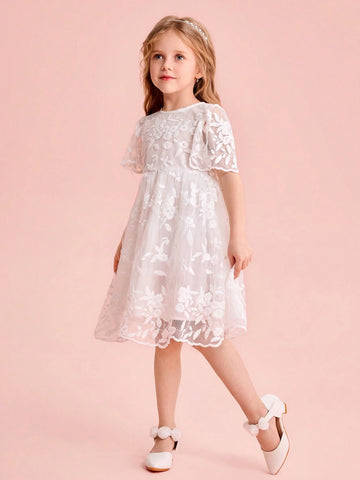 Young Girl Cute & Elegant White Embroidered Mesh Short Sleeve Summer Dress