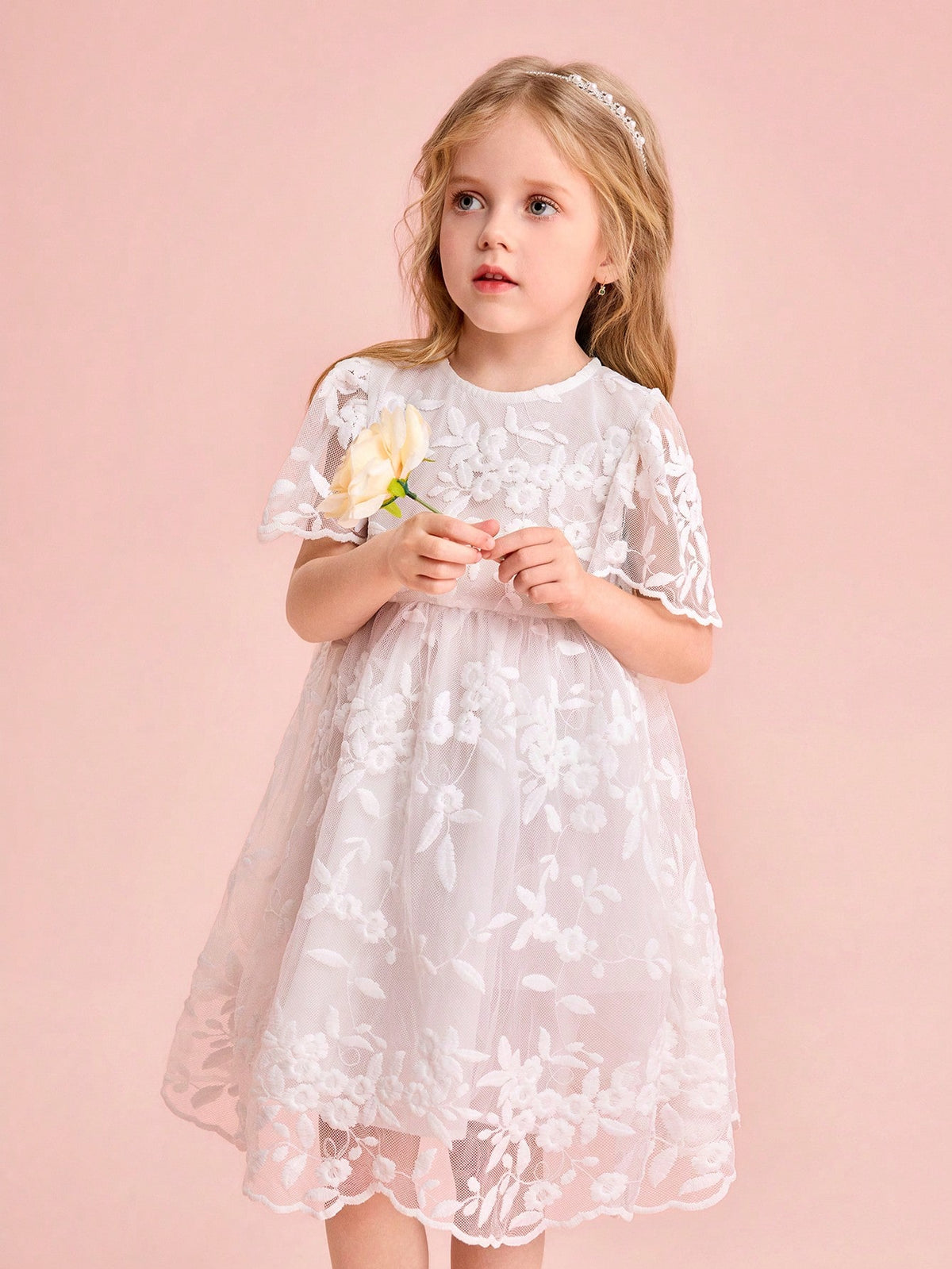 Young Girl Cute & Elegant White Embroidered Mesh Short Sleeve Summer Dress