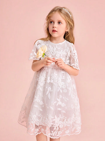 Young Girl Cute & Elegant White Embroidered Mesh Short Sleeve Summer Dress