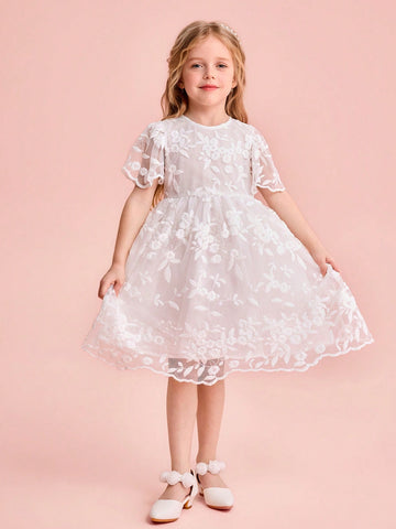 Young Girl Cute & Elegant White Embroidered Mesh Short Sleeve Summer Dress