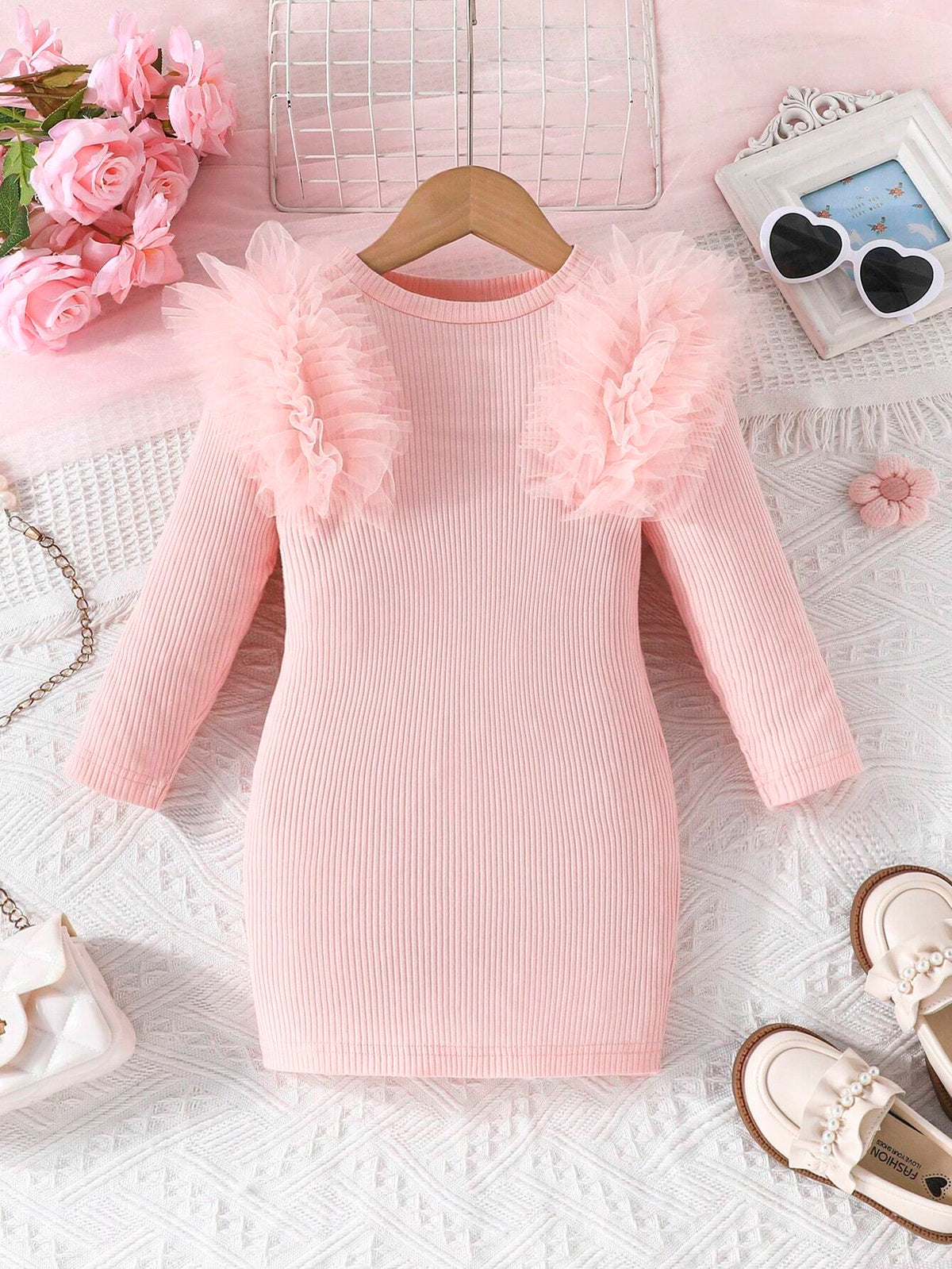 Young Girl Cute & Fashionable Casual Floral Lace Trim Round Neck Long Sleeve Dress, Spring Autumn