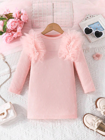 Young Girl Cute & Fashionable Casual Floral Lace Trim Round Neck Long Sleeve Dress, Spring Autumn
