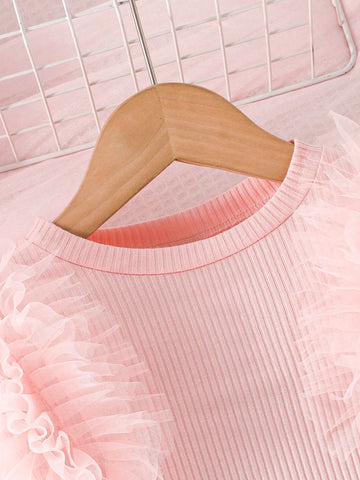Young Girl Cute & Fashionable Casual Floral Lace Trim Round Neck Long Sleeve Dress, Spring Autumn