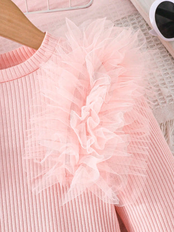 Young Girl Cute & Fashionable Casual Floral Lace Trim Round Neck Long Sleeve Dress, Spring Autumn