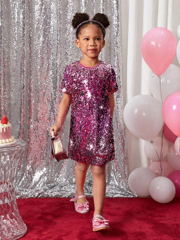 Young Girl Cute & Gradient Faux Pearl Embellished Round Neck Dress, Suitable For Wedding Season