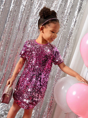 Young Girl Cute & Gradient Faux Pearl Embellished Round Neck Dress, Suitable For Wedding Season