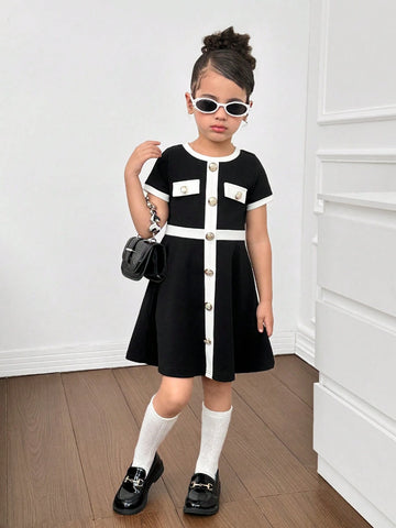 Young Girl Daily Sweet & Cool Contrast Color Patchwork Round Neck Short Sleeve Dress