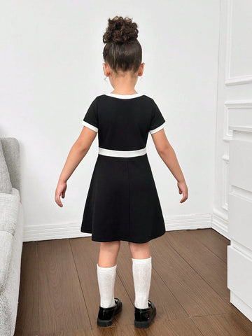 Young Girl Daily Sweet & Cool Contrast Color Patchwork Round Neck Short Sleeve Dress