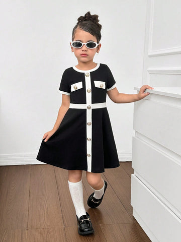 Young Girl Daily Sweet & Cool Contrast Color Patchwork Round Neck Short Sleeve Dress