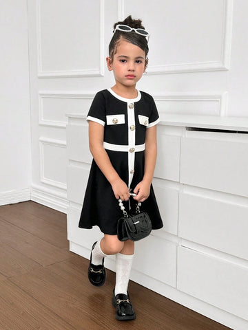 Young Girl Daily Sweet & Cool Contrast Color Patchwork Round Neck Short Sleeve Dress