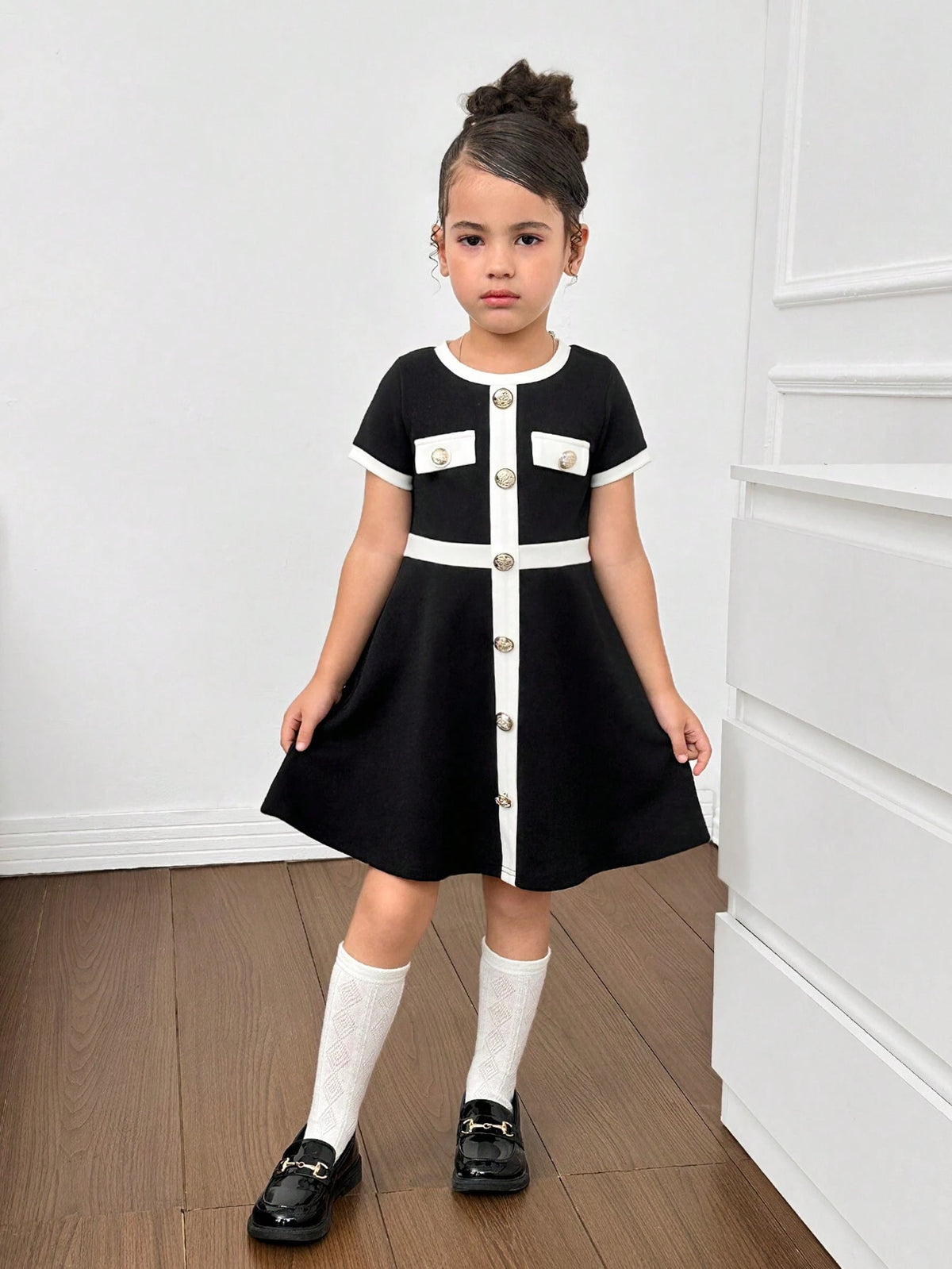 Young Girl Daily Sweet & Cool Contrast Color Patchwork Round Neck Short Sleeve Dress