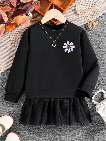 Young Girl Daisy Embroidered Contrast Mesh Fabric 2-In-1 Sports Dress Set