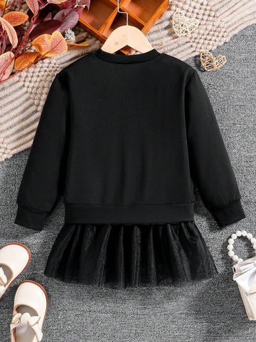 Young Girl Daisy Embroidered Contrast Mesh Fabric 2-In-1 Sports Dress Set