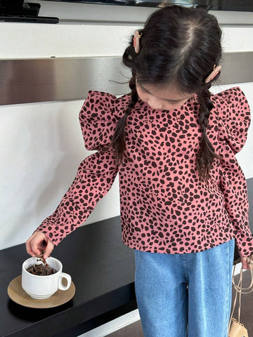 Young Girl Dalmatian Print Polka Dot Print Gigot Sleeve Blouse,Great For Casual & Daily Wear & School Daily In Summer & Autumn,Frenchy ,Mom And Daughter & Sisters Matching