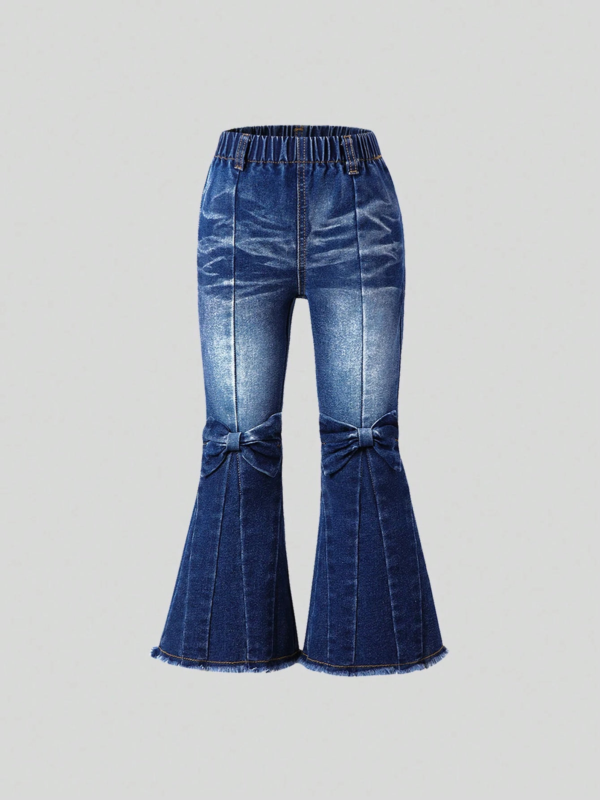 Young Girl' Dark Blue Washed Denim Flared Pants With Butterfly Decor