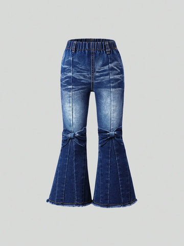 Young Girl' Dark Blue Washed Denim Flared Pants With Butterfly Decor