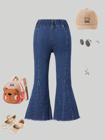 Young Girl' Dark Blue Washed Denim Flared Pants With Butterfly Decor