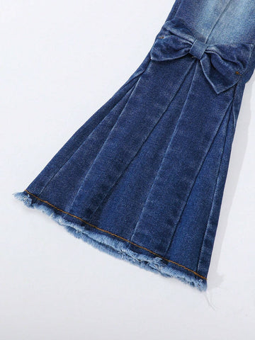 Young Girl' Dark Blue Washed Denim Flared Pants With Butterfly Decor