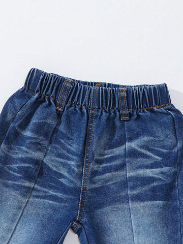 Young Girl' Dark Blue Washed Denim Flared Pants With Butterfly Decor